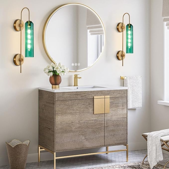 BOKT Modern Gold Wall Sconce Green Glass Hardwired Bedside Wall Light Fixtures Mid Century Long Metal Wall Sconce Single Hardwired Bathroom Bar Wall Lamp (Green)
