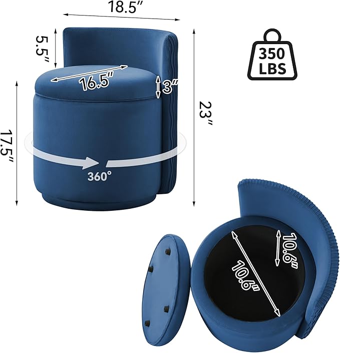Velvet Vanity Chair with Storage, 360° Swivel Makeup Chair with Wave Back, No Assembly Small Accent Stool for Bedroom, Dressing, Living Room, Blue