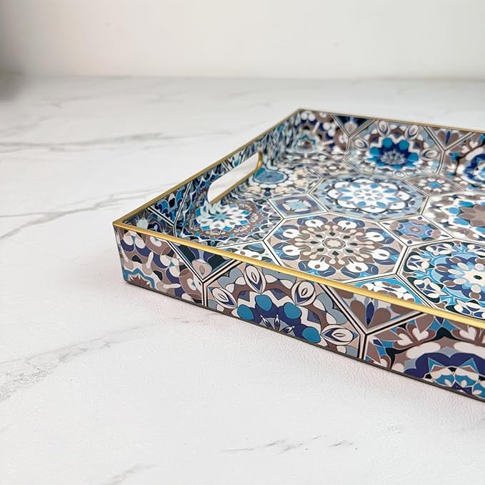 Boho Coffee Table Tray, Decorative Serving Tray with Handles, Large Tray for Ottoman,Coffee Table,Living Room Modern, Blue,