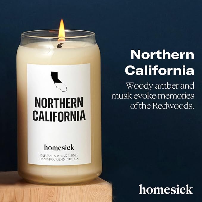 Homesick Scented Candles for Home (California Norcal) - 13.75 oz Long-Lasting Soy Wax Jar Candle for Women & Men for All Occasions, 60-80 Hours Burn Time - Notes of Pear, Vanilla & Amber