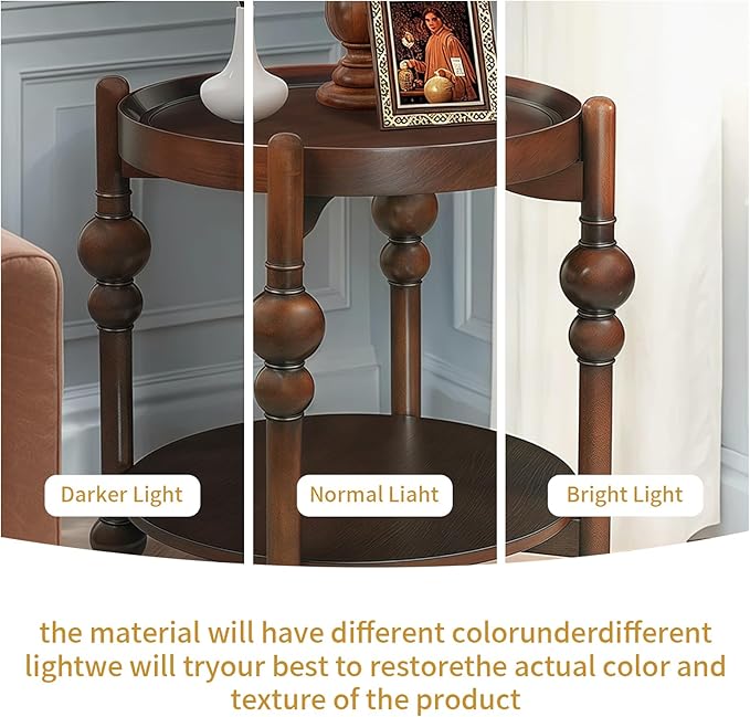 23" Round End Table, Mid Century Modern Side Table with Solid Wood Frame and Top, Small Night Stand for Living Room Office Apartment, Walnut