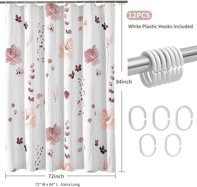 QiyI Extra Long Shower Curtain 72 x 84, Modern Watercolor Floral Shower Curtain, 3D Embossed Texture Pink Brown Flower Cloth Bathroom Curtain, Waterproof Fabric Farmhouse Bath Curtain Set with Hooks