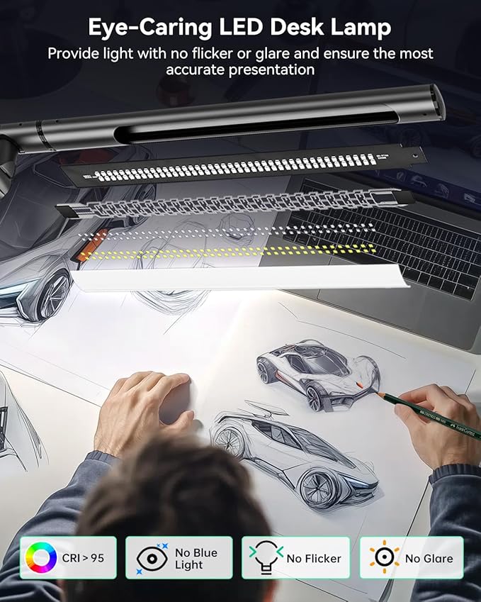 LED Desk Lamp with Clamp, 18W Architect Desk Lamp with Dual Light, Flexible 3 Sections Swing Arm, with RGB Light, with Remote, with Sensor Switch, Stepless Dimming, 4 Color Mode & 5 Brightness