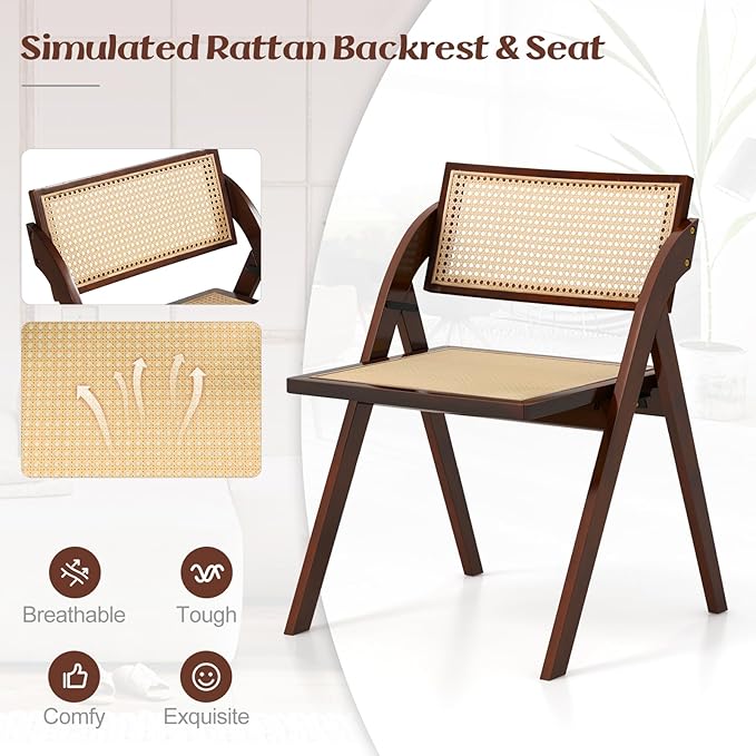 Giantex Folding Dining Chairs Set of 2, Wooden Folding Chair with Rattan Backrest & Seat, Sturdy Rubber Wood Frame, Armless Accent Chairs for Living Room, Kitchen, Wedding Party, No Assembly, Brown