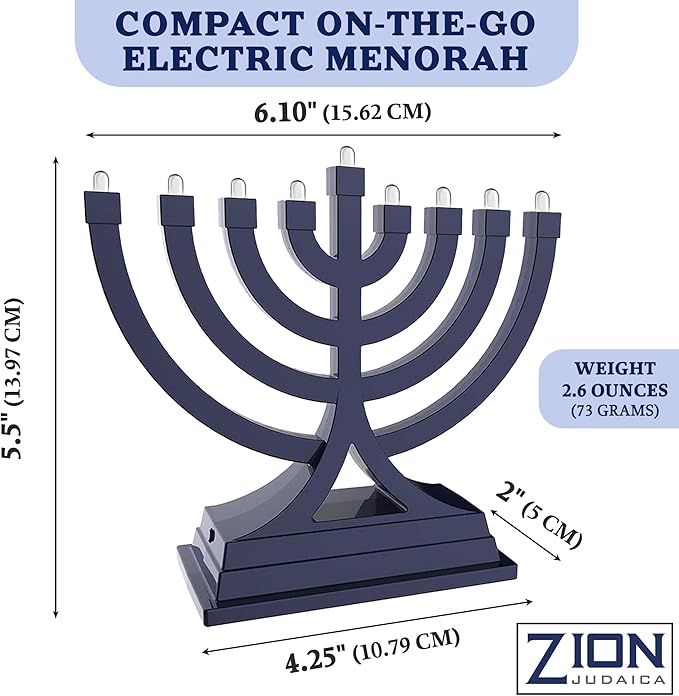 Zion Judaica Mini LED Hanukkah Menorah Battery or USB Operated - Multiple Light Settings On The Go Hanukkiah for Chanukah Decorations (Blue)