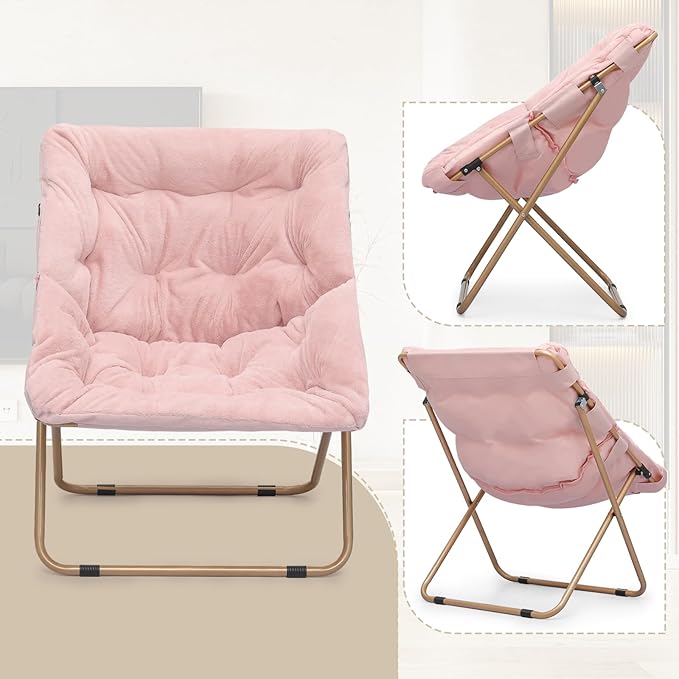 Athena Collection Saucer Chair for Adult, Square Comfy Cozy Chair Folding Chair Faux Fur Metal Frame Foldable Reading Chair Accent Chair for Bed Room Living Room Set of 2, Pink