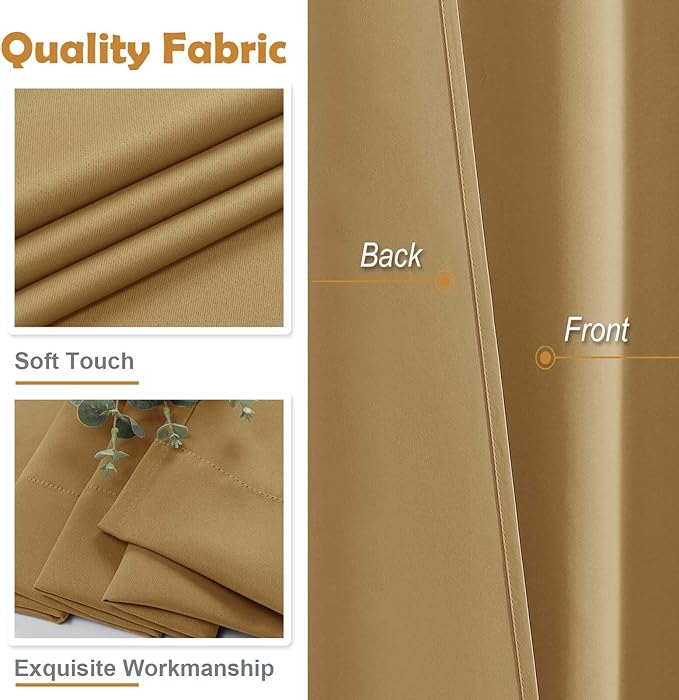 Aiyufeng Gold Blackout Curtains for Bedroom 63 Inch Length 2 Panels Set, Solid Thermal Insulated Energy Saving Rod Pocket Window Treatment Curtains Blackout Drapes, W40 x L63 Inch, Gold