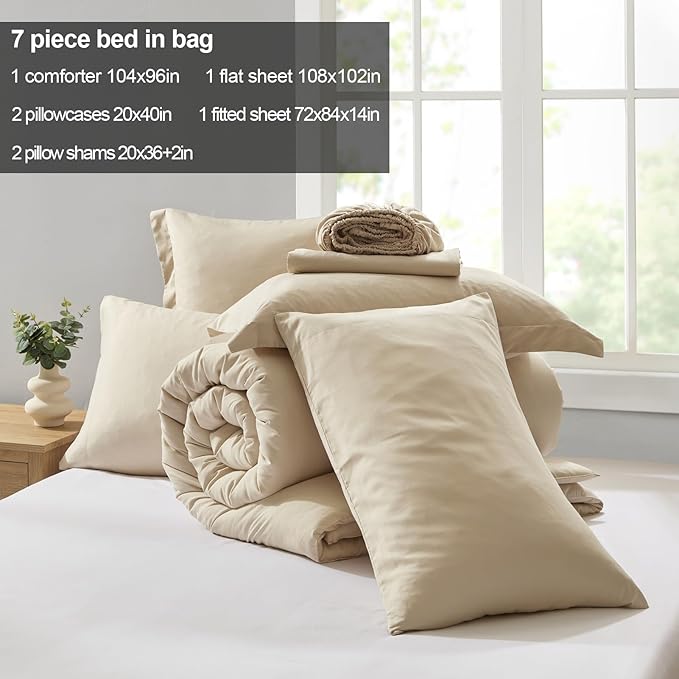 Homelike Moment California King Comforter Set 7 Piece, Beige Bed in a Bag Cal King Size Set Lightweight and Machine Washable