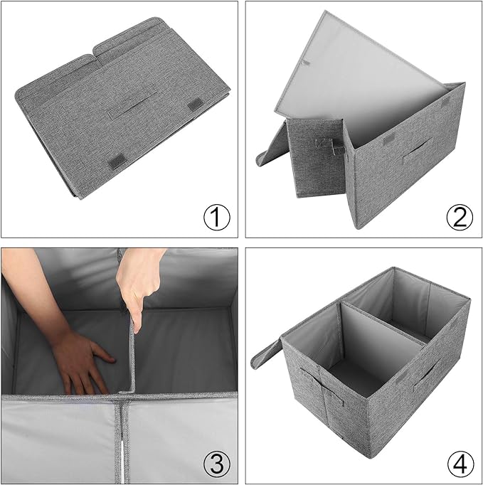 2 Pack Large Storage Boxes with Lids and Handles, Collapsible Linen Storage Bins Organizer Containers Baskets Cube with Removable Divider for Home Bedroom Closet Office (Green, Large)
