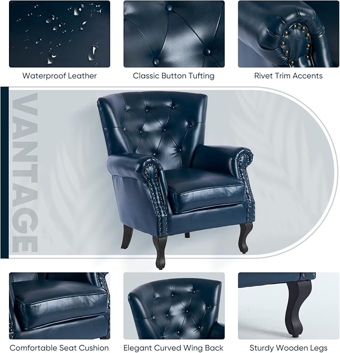 MOJAY PU Leather Accent Chair, Mid-Century Modern Armchair Living Room Club Chair with Tufted Button & Rivet Trim, Upholstered Sofa Chair with Sturdy Wood Legs for Bedroom (Navy)