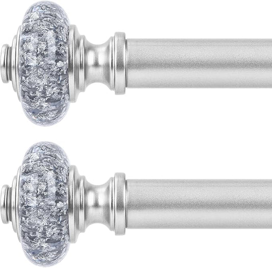 2 Pack Silver Curtain Rods for Windows 30 to 41 Inch, Decorative Vintage Crystal 1'' Diameter Curtain Rod with Silver Foil Finials, Adjustable Heavy Duty Easy Install Drapery Pole for Farmhouse