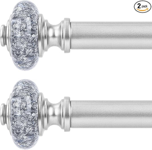 2 Pack Silver Curtain Rods for Windows 48 to 84 Inch, Decorative Vintage Crystal 1'' Diameter Curtain Rod with Silver Foil Finials, Adjustable Heavy Duty Easy Install Drapery Pole for Farmhouse