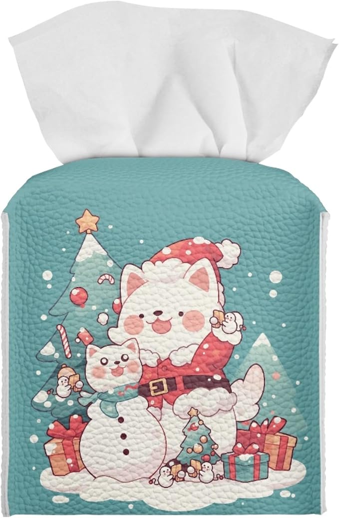 Christmas Tree Cat Tissue Box Cover Square Christmas Decor Tissue Box Holder Cute Leather Tissue Holder Tissues Cube Box Cover for Bathroom Organizer Dispenser