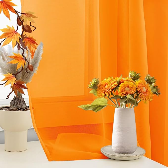 Sheer Curtains 72 Inches Long 2 Panels, Rod Pocket Short Curtain for Kitchen, Bedroom, Cafe Window(Orange 38" W x 72" L)