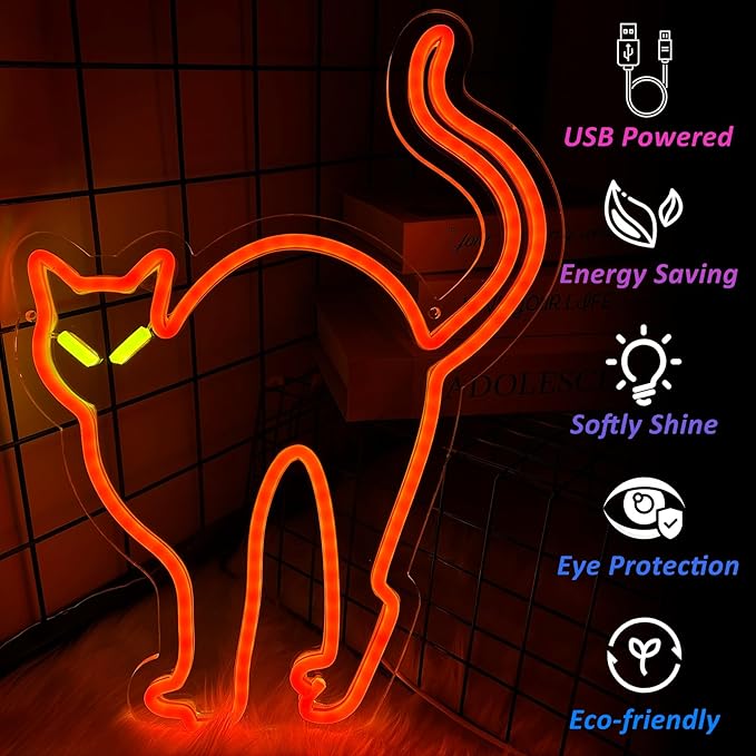 Halloween Orange Cat Neon Signs for Wall Decor, Cat LED Neon Sign USB Powered, Halloween Cat LED Light Table Decoration for Bar, Christmas, Wedding, Birthday Party