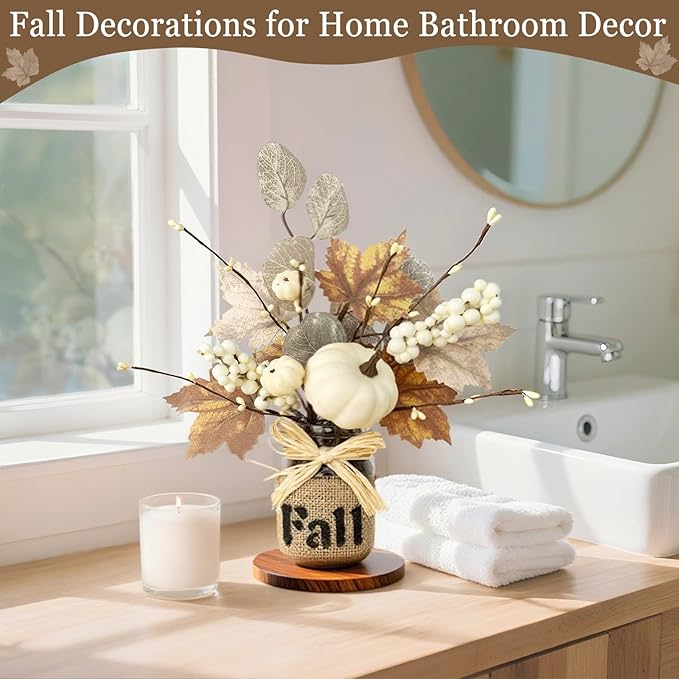 2 Pack 13.5 Inch Fall Decorations for Home Fall Table Centerpieces with 20 LED Lights Timer, Mason Jar with Maple Leafed Pumpkins Berried Thanksgiving Fall Home Decor for Table Coffee Table Bathroom