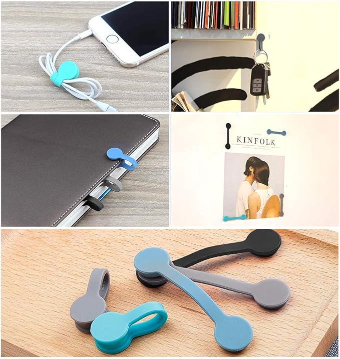 Viaky 6 Packs Magnet Wire Winder Straps, Multi-Colored Noticeboard Fridge Clips Silicone Cable Organizer Reusable Tie Phone Earbuds Bookmark Whiteboard Fridge (Lake Blue, Blue, Gray)