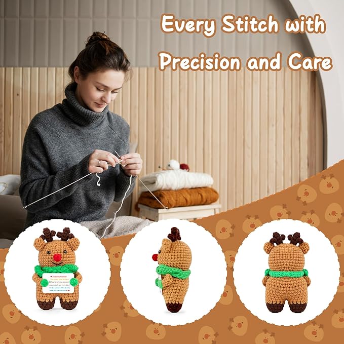 Mini Cute Deer Gifts for Husband Handmade Crochet Reindeer Present Wedding Anniversary Thanksgiving Christmas Birthday Gift for Him Man from Wife Office Home Emotional Decor Doll