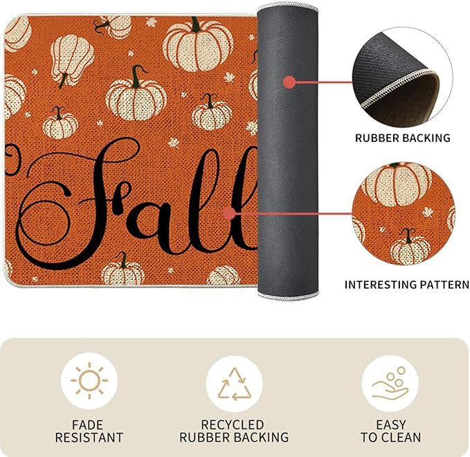 VAKADO Fall Kitchen Orange Pumpkin Mats Rugs Set of 2,for Decor Decorative Home Thanksgiving Pottery Barn Floor Door Bathroom Stain Fade Resistant Non-Slip Rubber Backing Rug(17x29 Inch,17x47 Inch)