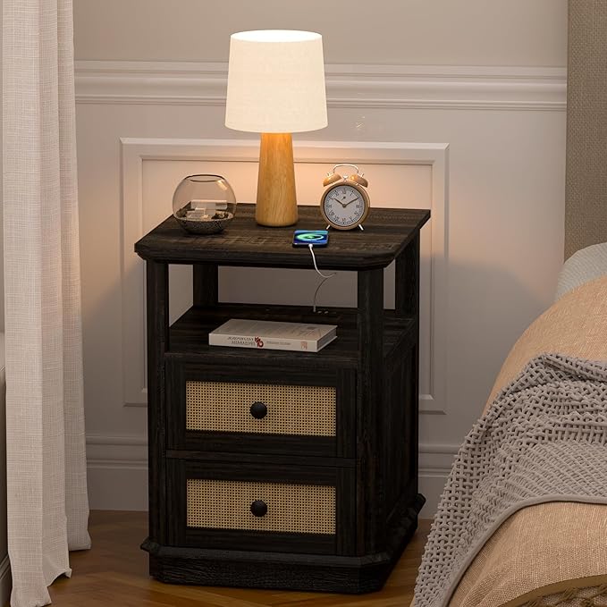 End Table with Charging Station, 24” Tall Sofa Side Table with Rattan Drawer, Anti-Collision Angle Wooden Night Stand for Living Room, Bedroom, Office.
