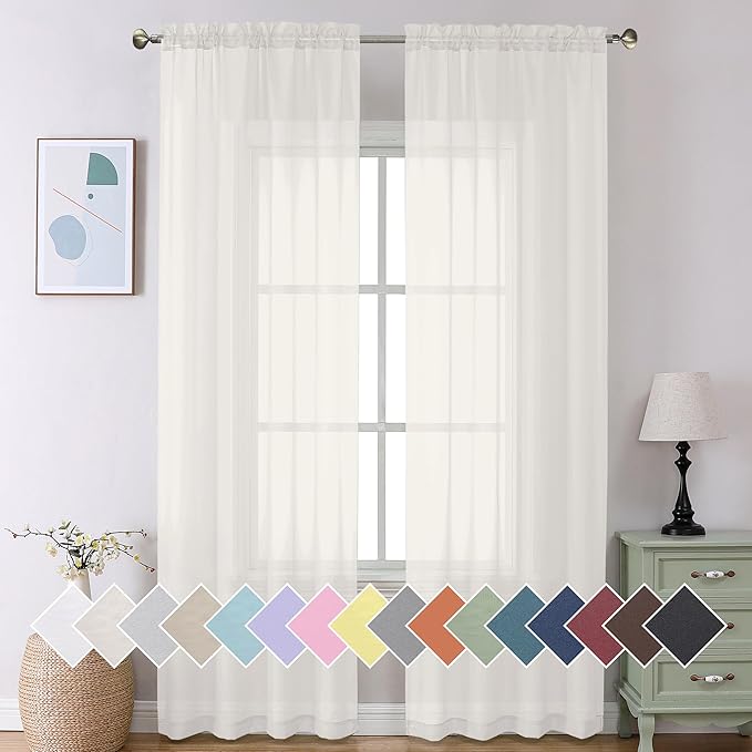 Aiyufeng Modern Sheer Window Curtains, Rod Pocket Long Curtains Translucent Drapes Semitransparent Privacy with Light Through for Bedroom/Living Room, Ivory, W40 x L96, 2 Pieces