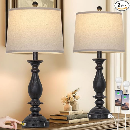 28" Tall Farmhouse Table Lamps for Living Room Set of 2,Vintage Rustic Black Bedside Touch Lamp with USB C+A Ports & AC Outlet, 3-Way Dimmable Resin Nightstand Lamp for Bedroom Entryway Office