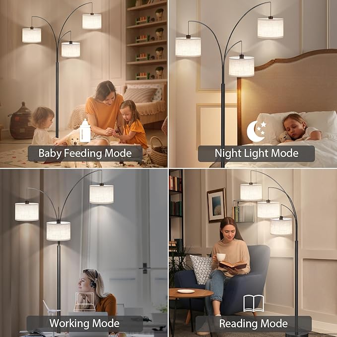 SUNMORY 3 Lights Floor Lamp with Remote Control and 3 Stepless Dimmable Bulbs, 78" Tall Standing Lamp with Hanging Drum Shade & Heavy Base, Modern Arc Floor Lamps for Living Room, Bedroom, Office