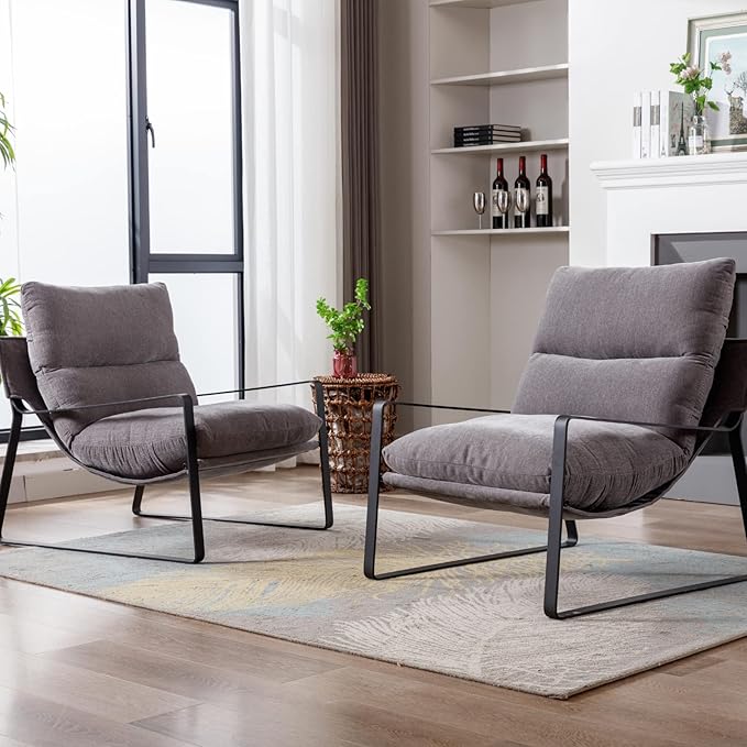 Mid-Century Accent Chair Set of 2, Comfy Linen Fabric Side Chair with Armrest, Upholstered Leisure Chair with Black Metal Frame for Living Room Bedroom Reception Room, Grey
