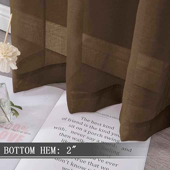 Tollpiz Short Sheer Curtain Linen Textured Living Room Curtains Sheer Light Filtering Rod Pocket Voile Curtain for Bedroom, 42 x 54 inches Long, Brown, Set of 2 Panels