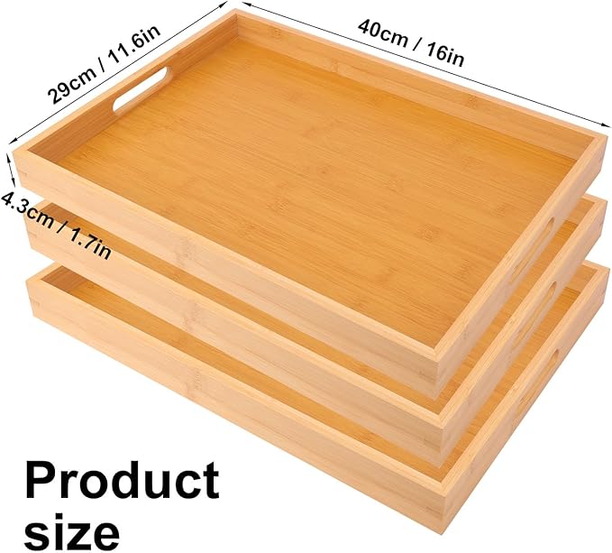 3 Pack Large Bamboo Serving Tray with Handles - 16 x 11.6 Inch Wooden Dinner Tray, Home Kitchen Decorative Tray, Breakfast Trays for Eating on Couch, Lap Trays, Coffee, Kitchen, Picnic