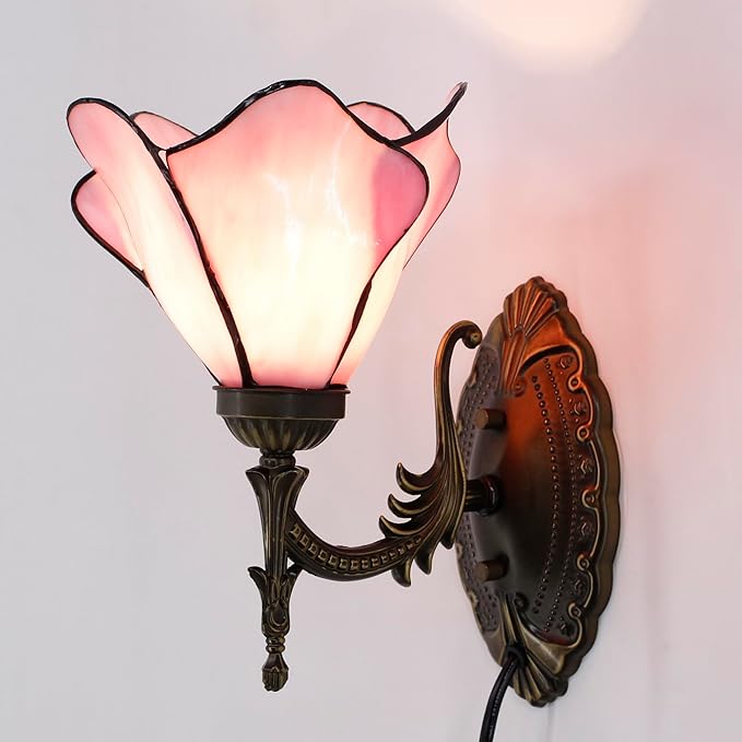Tiffany Wall Sconce Lamp Blue Stained Glass Flower Style 8X10.5X11 Inch Plug in Wall Bedside Light for Hallway Bedroom (Pink Flower Style)