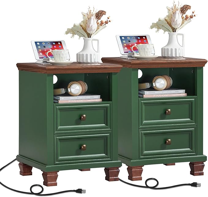 Farmhouse Nightstand Set of 2 with Charging Station, Rustic Green Nightstand,2 Drawers End Table for Living Room,Bedside Table with Open Shelf for Bed Room,Green