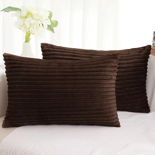 Simmore Decorative Throw Pillow Covers 12x20 Set of 2, Soft Natural Plush Flannel Double-Sided Fluffy Lumbar Pillow Covers for Couch Sofa Living Room, Brown