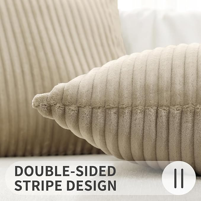 Simmore Decorative Fall Throw Pillow Covers 12x20 Set of 2, Soft Natural Plush Flannel Double-Sided Fluffy Lumbar Pillow Covers for Couch Sofa Living Room, Khaki