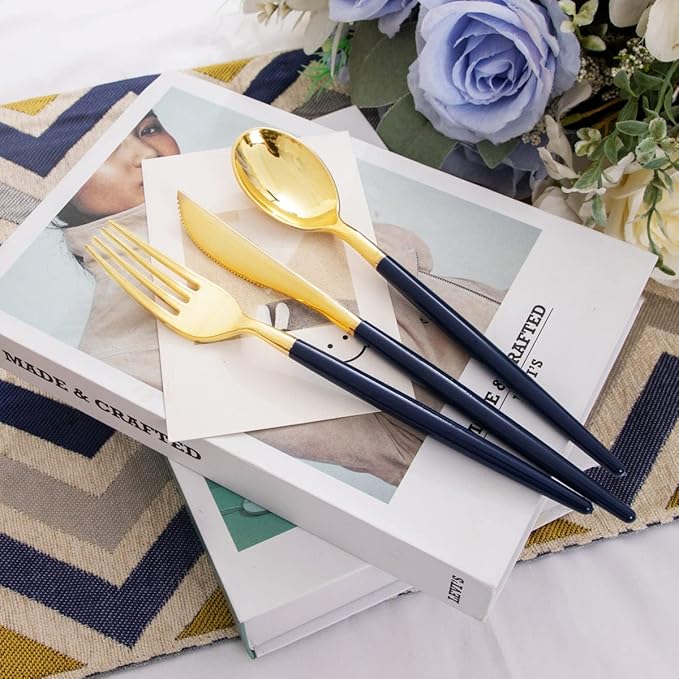Liacere 150PCS Blue Plastic Plates - Gold Plastic Silverware with Blue Handle - Navy Disposable Plates Include 30 Guests Plates,Forks,Spoons,Knives for Wedding & Party & Halloween
