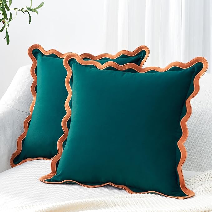 MONDAY MOOSE Decorative Throw Pillow Covers Cushion Cases, Set of 2 Soft Velvet Scalloped Wavy Edge Designs, Mix and Match for Home Decor, Pillow Inserts Not Included (Coral/Dark Teal, 18x18 inch)