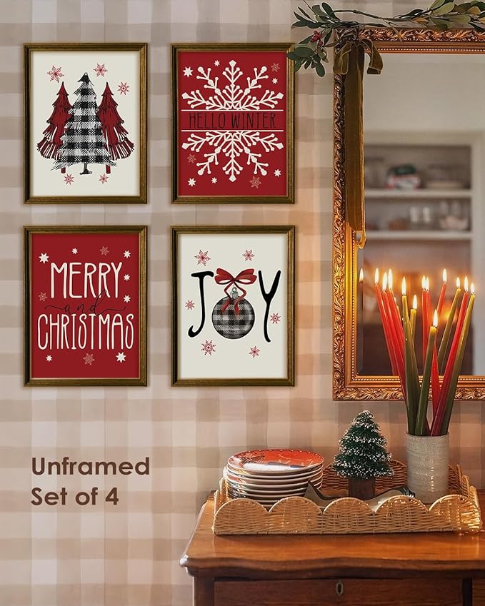 Wheatwin Christmas Wall Decor, Merry Christmas Wall Art Prints Set of 4, Winter Decor for Bathroom Farmhouse Living Room Bedroom Office, 8x10 (Unframed)