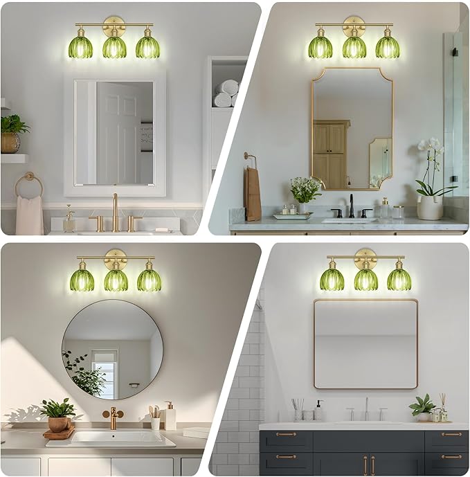 Vintage Bathroom Light Fixtures,3-Light Hardwired Vanity Lights Over Mirror,Gold Wall Sconces with Green Tulip Glass Shade for Bathroom Living Room,E26 Socket(Bulbs Not Included)