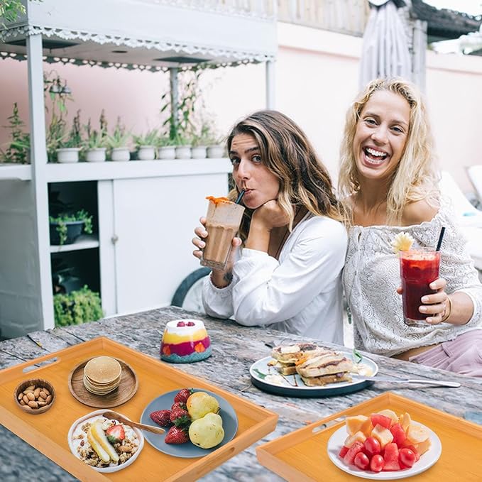 3 Pack Large Bamboo Serving Tray with Handles - 16 x 11.6 Inch Wooden Dinner Tray, Home Kitchen Decorative Tray, Breakfast Trays for Eating on Couch, Lap Trays, Coffee, Kitchen, Picnic