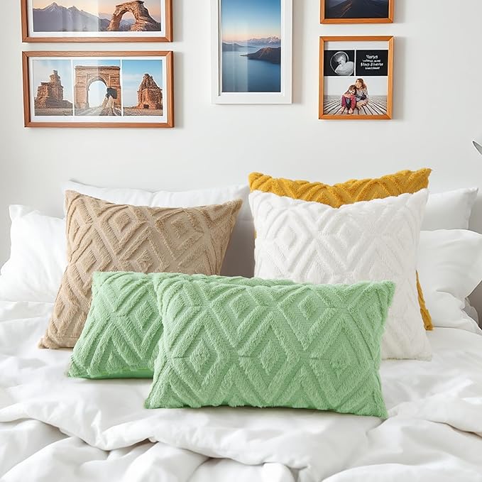 decorUhome Couch Throw Pillow Covers 12x20 Set of 2, Decorative Soft Plush Faux Wool Lumbar Neutral Accent Pillow Covers for Bed Sofa Living Room, Sage Green