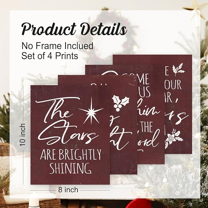 Wheatwin Vintage Christmas Wall Art Prints Set of 4, O Holy Night Sign, Christian Wall Art, Rustic Christmas Red Xmas Religious Decor for Farmhouse Living Room Bedroom, 8x10 (Unframed)