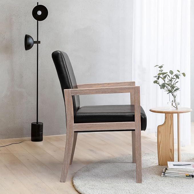 Black Dining Chairs, Upholstered Faux Leather Dining Chairs with Arms, Mid Century Modern Accent Chairs for Living Room Arm Chairs with Wood Frame (1, Black with Wood Arms)