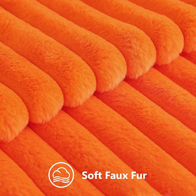 decorUhome Faux Fur Fall Throw Pillow Covers 22x22 Set of 2, Decorative Soft Plush Striped Neutral Couch Euro Pillow Covers with Velvet Back for Sofa, Bed, Living Room Home Decor, Orange