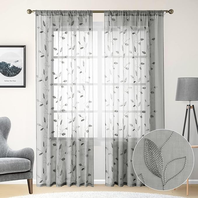 HOMEIDEAS Light Grey/Gray Sheer Curtains 52 X 96 Inches Long 2 Panels Embroidered Leaf Pattern Pocket Faux Linen Floral Semi Sheer Voile Window Curtains/Drapes for Bedroom Living Room