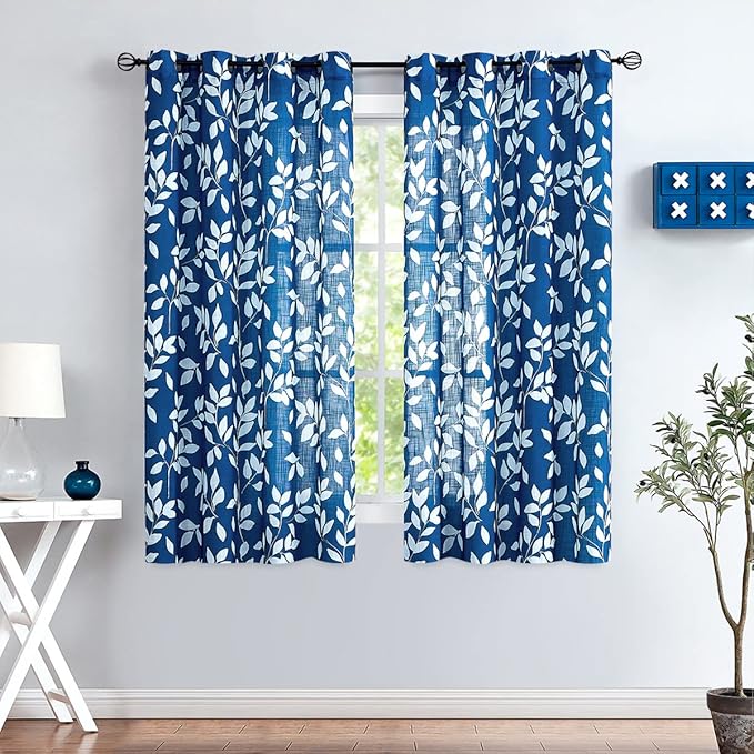 Navy and White Curtains for Bedroom 54" Length Leaf Print Curtains for Windows Semi-Sheers, Royal Blue Grommet Top, 2 Pack