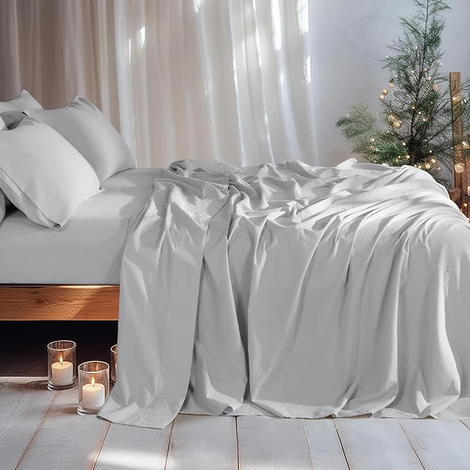 LBRO2M 100% Linen Sheet Set Queen Size, Bed Sheets 6 Piece Sets,Solid Color Natural Flax Bed Sheets Soft Breathable Bedding,16" Deep Pocket,All Season (Queen, Grey)