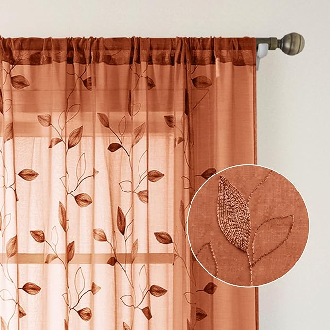 HOMEIDEAS Fall Burnt Orange Sheer Curtains 63 Inches Length 2 Panels Embroidered Floral Pattern Semi Sheer Window Curtains for Bedroom Living Room