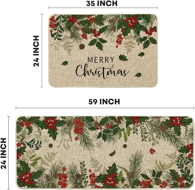Artoid Mode Leaves Holly Merry Christmas Kitchen Mats Set of 2, Winter Home Decor Low-Profile Kitchen Rugs for Floor - 24x35 and 24x59 Inch