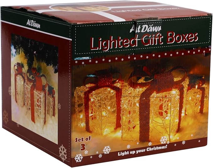 ATDAWN Set of 3 Lighted Gift Boxes Christmas Decorations, Clear Acrylic Present Boxes, Christmas Home Gift Box Decorations