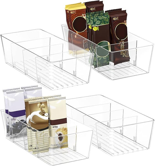 BALEINE Pantry Organizers and Storage Bins, Plastic Clear Storage Bins with 3 Removable Dividers, BPA-Free Fridge Organizers for Kitchen Cabinet Bathroom (10.5x6.1x3.5, 4PK)